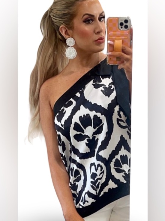 White House Black Market Tops - White House Black Market Black and White One-Shoulder Floral Top Satin